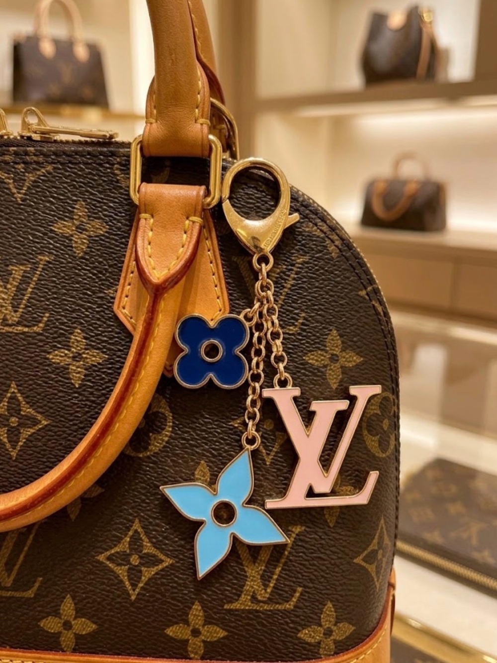 Luxury Fashion Bag Charm Keychain  Monogram And Bright Bkue And Pink Motifs